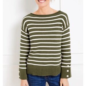 Talbots Olive Green White Striped Bateau Neck Cotton Sweater‎ Size NWOT